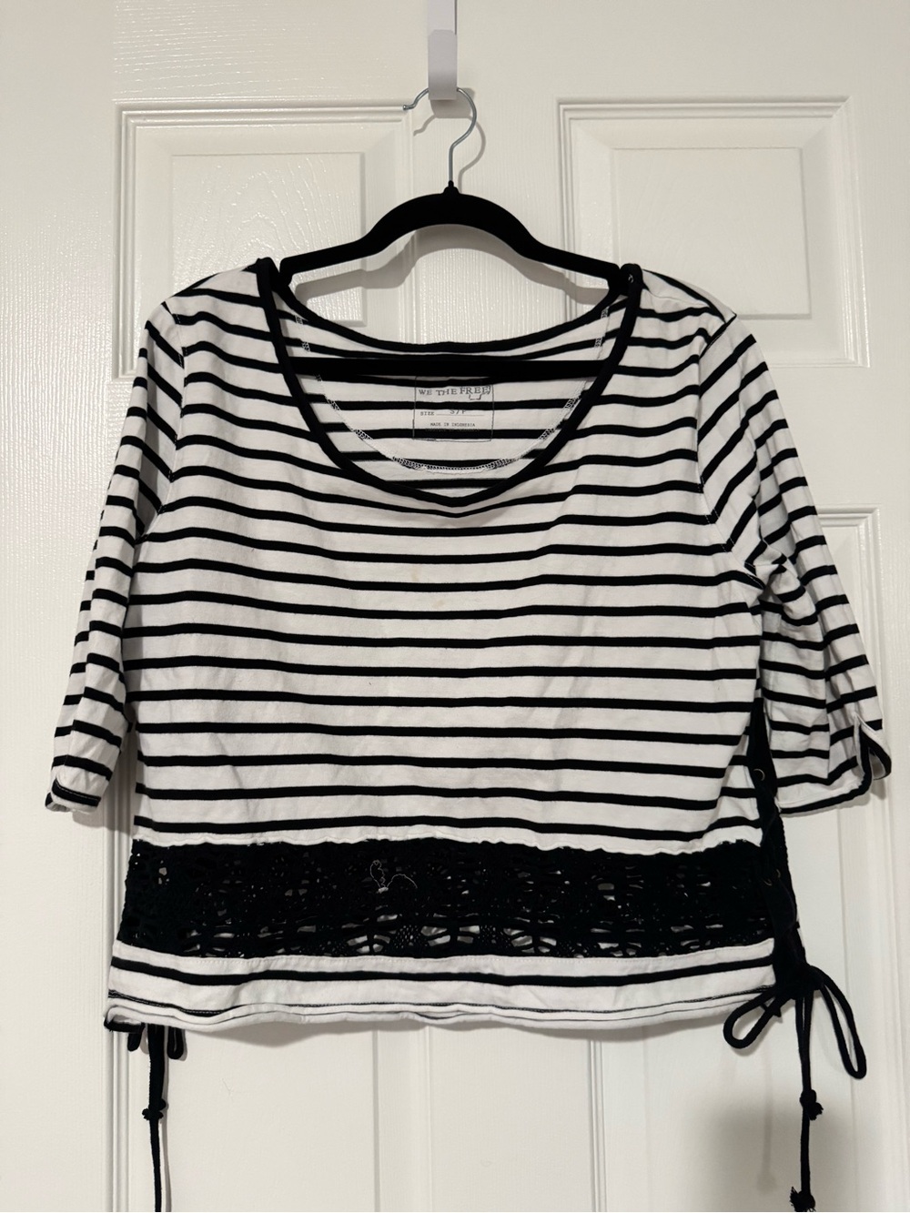 We The Free Black & White Striped Lace-Hem Crop Top small